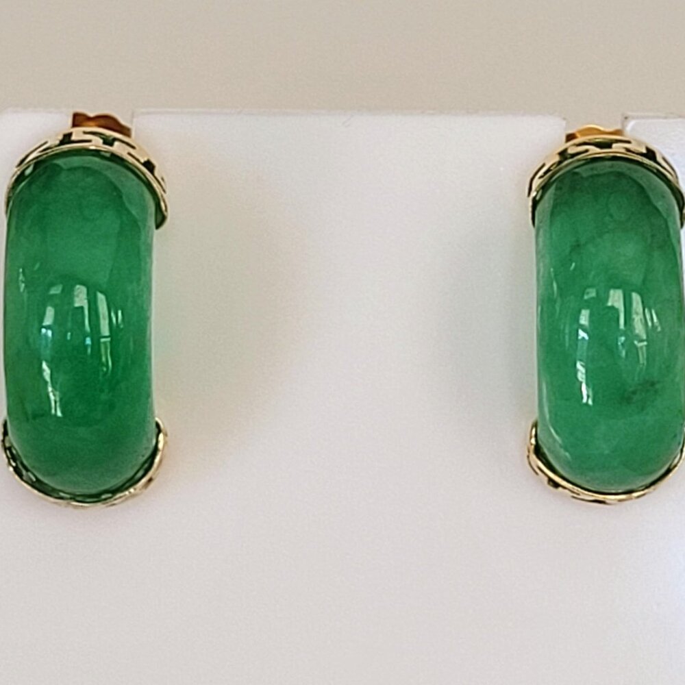 14K Yellow Gold Carved Green Jadeite Huggie Earrings
